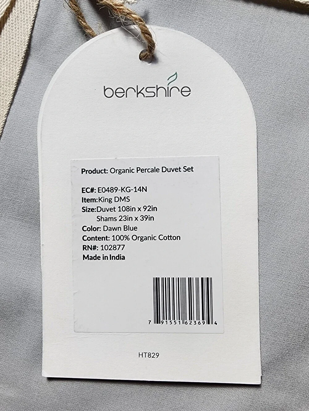 NEW! Berkshire 100% Organic Percale Cotton Duvet Set - KING - Light Grey
